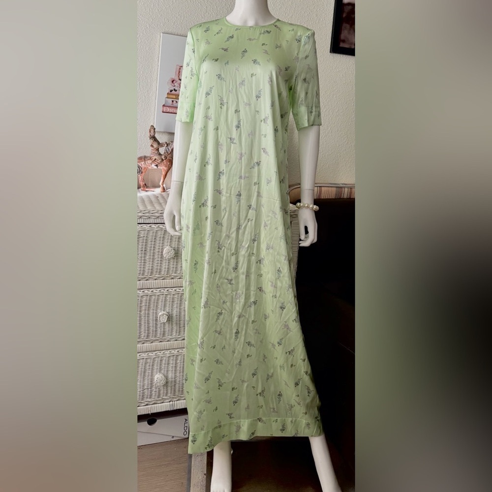 GANNI Mint Green Silk Floral Maxi T Shirt Dress Adjustable Leg Slit Zipper Sz. 6 - Picture 2 of 12